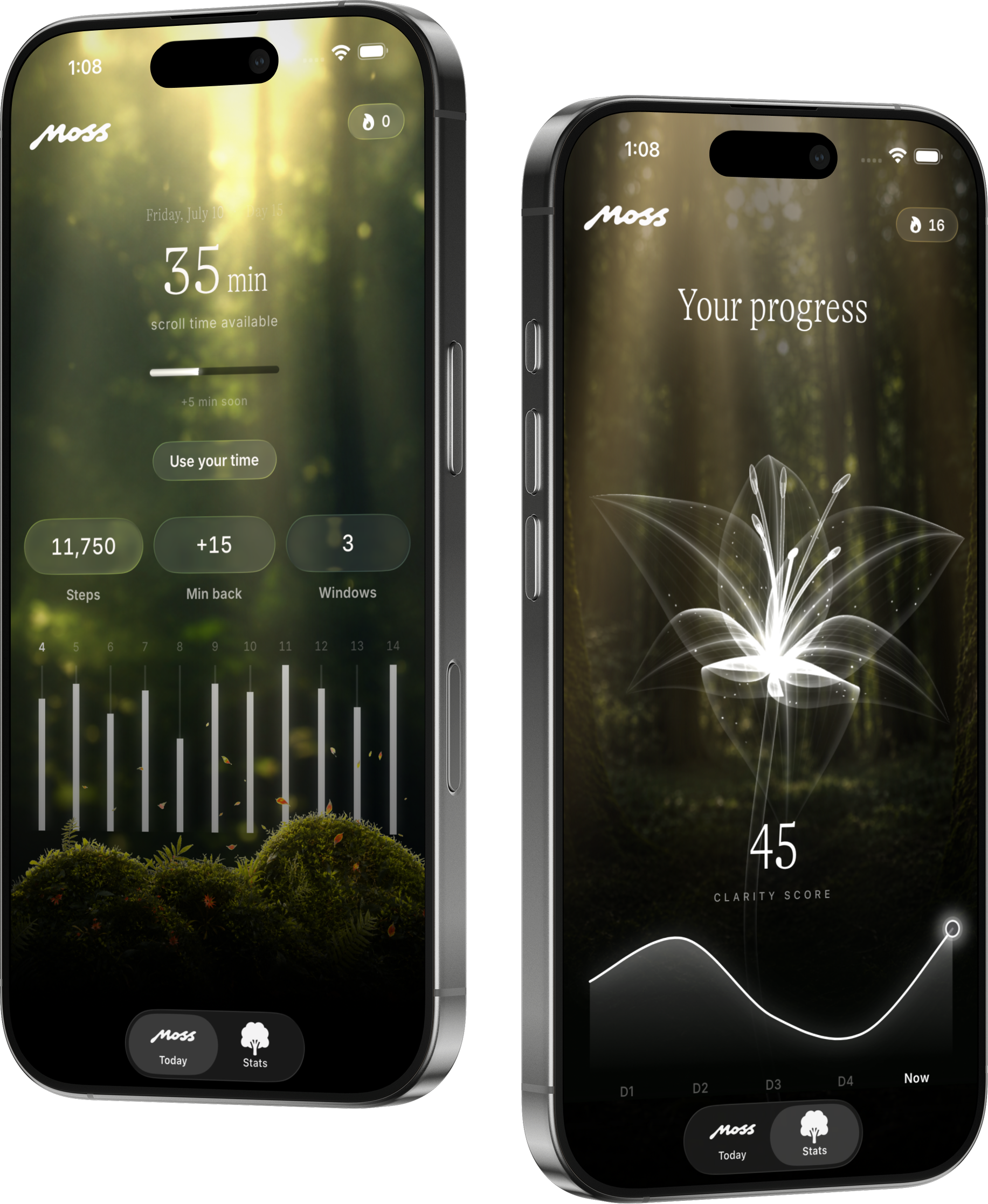 The Moss app on iPhone, showing minutes earned by walking